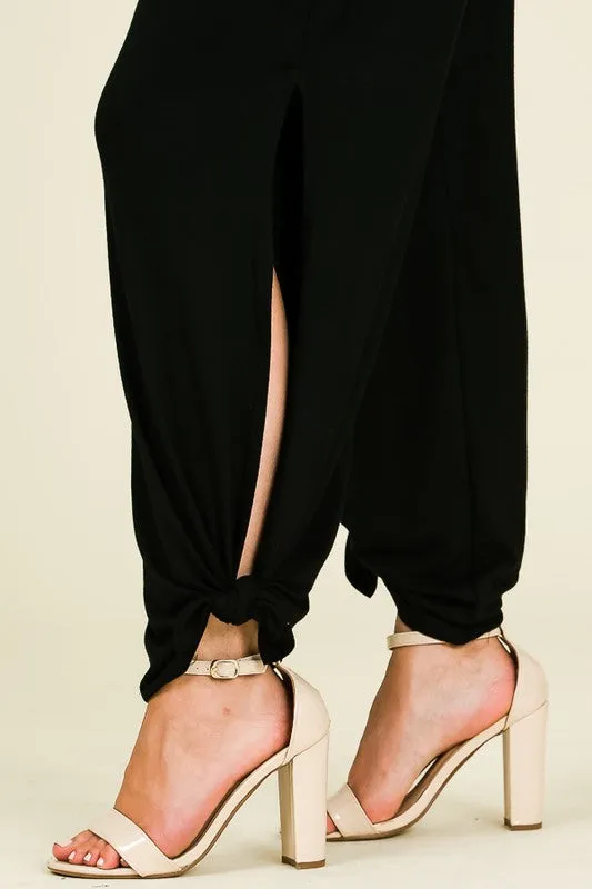 Split Side Tied Hem Pants in Black