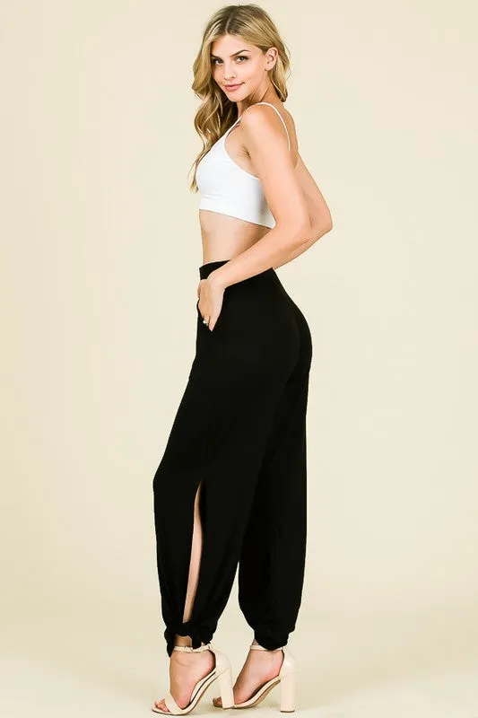 Split Side Tied Hem Pants in Black