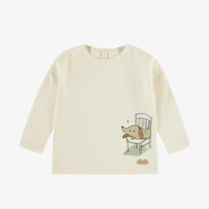 T-shirt crème à manches longues avec illustration de chien en coton biologique, naissance || Cream long-sleeved t-shirt with a dog illustration in organic cotton, newborn