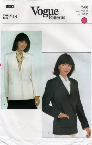 Vogue 8083 Womens Classic Tailored Single or Double Breasted Jacket 1980s Vintage Sewing Pattern Size 14 Bust 36 inches