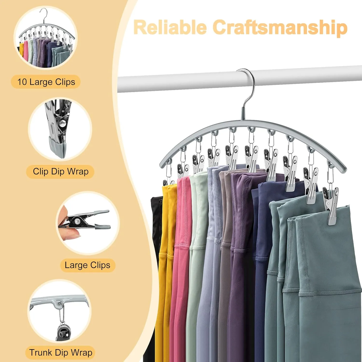 Yoga Pants Hanger w/Rubber Coated 4 Pack w/10 Clips
