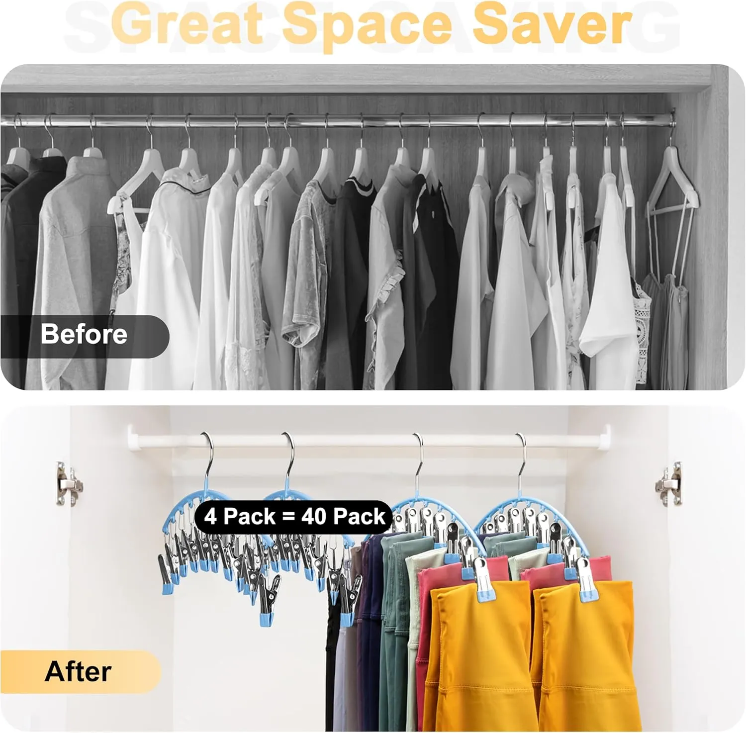 Yoga Pants Hanger w/Rubber Coated 4 Pack w/10 Clips